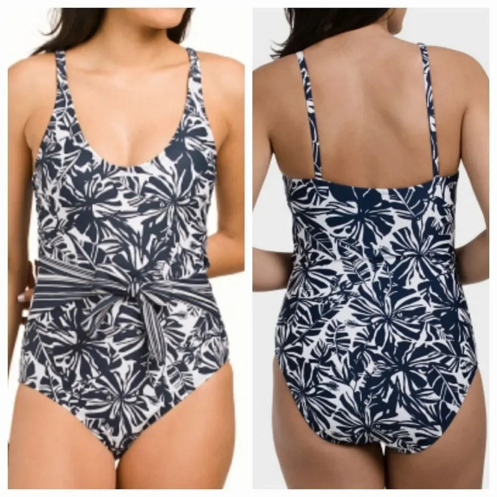 Ellen Tracy Women's Black Ivory Scoop Neck Belted Mio One-piece Swimsuit Size 10